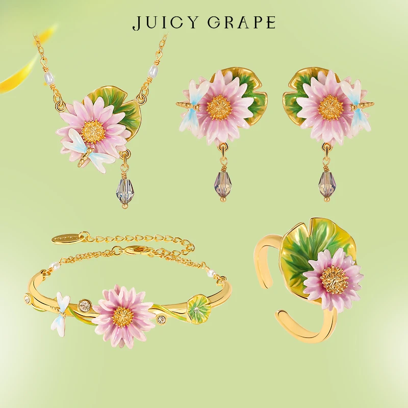 

JUICY GRAPE lotus flower Jewelry Set for Women Handmade Enamel Earring Bracelet Necklace Ring Luxury Wedding Party Fine Jewelry