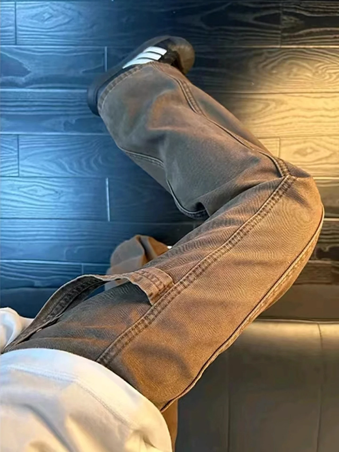 

American Sle Pure Cotton Ripped Jeans Men's Autumn Winter Fce Brown Cargo Pants Retro Straight Workwear Trousers