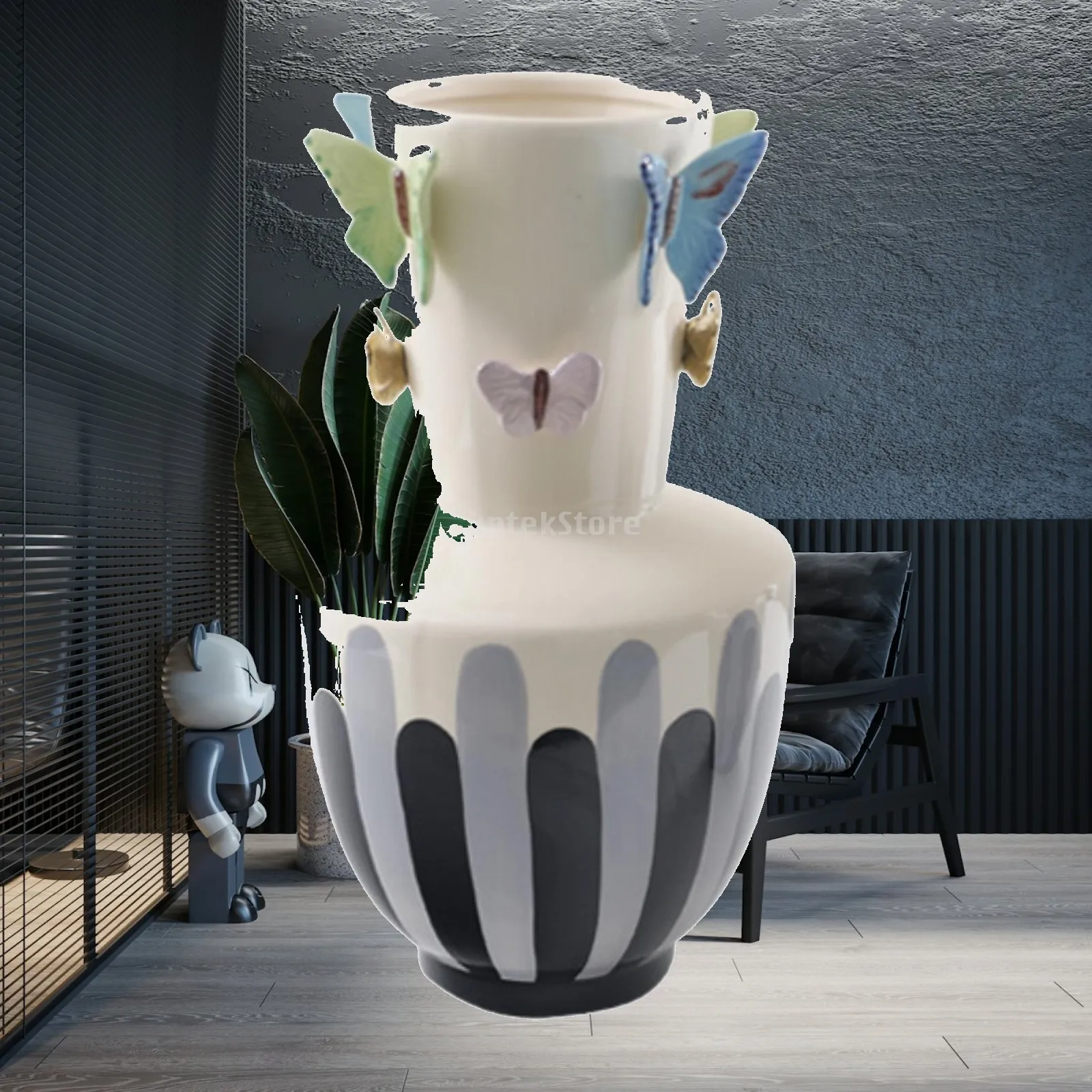 Elegant Striped Decorative Vase for Console Table Styling with Butterfly Embellishments for Home Accents