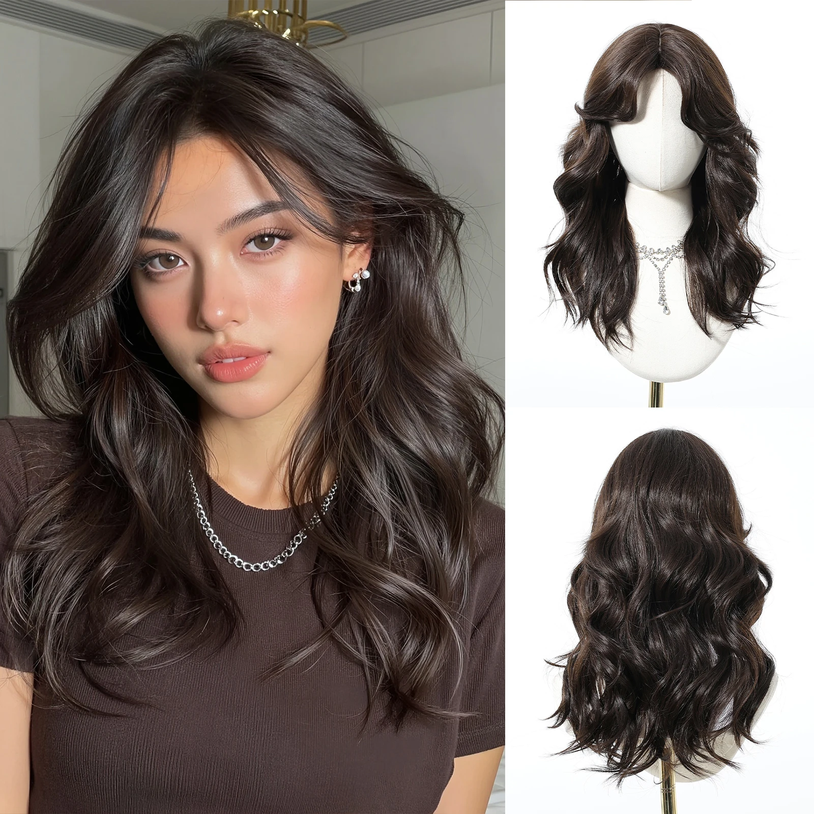 

EASIHAIR Medium Length Black Wavy Synthetic Wigs Middle Part Wigs for Women Daily Party Cosplay Use Heat Resistant Fiber