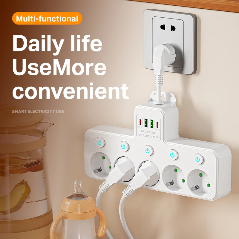 EU Plug 4/5 AC Outlet Power Strip Multiprise Wall Socket Universal Network Filter USB Cherger Separate Switch Adapter