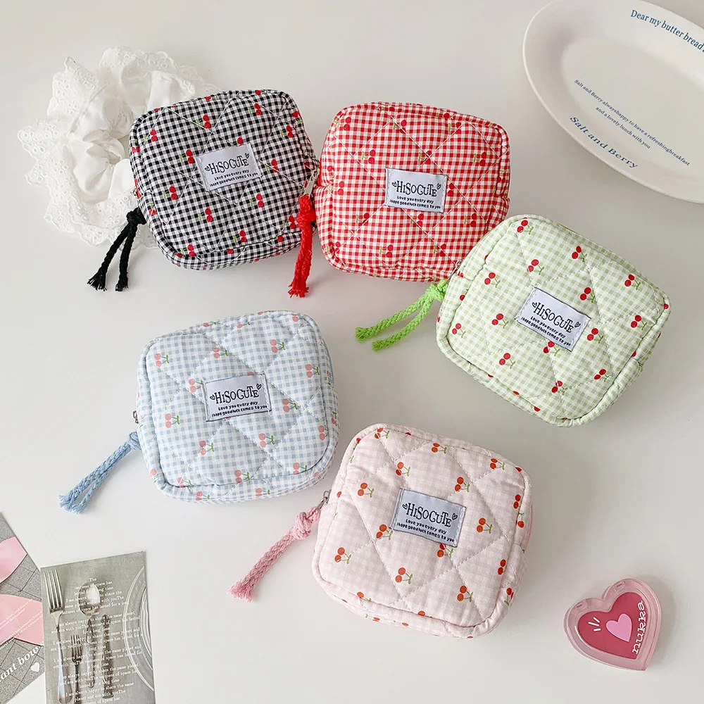 INS Fashion Square Cherry Makeup Bag Cute Girls Portable Large Capacity Travel Washbag Sanitary Cotton Storage Bag Women Gifts - view 5
