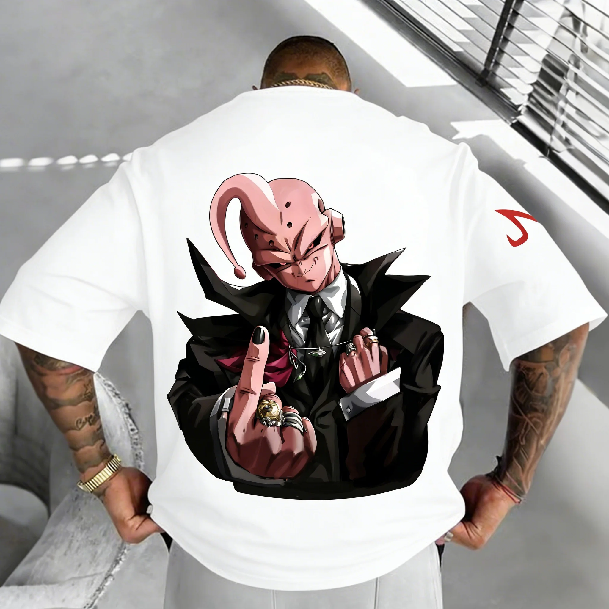 Dragon Ball Z Villain Buou Style Men's Gangster Style T-shirt 100% Cotton Material Summer Casual Clothing Black Pattern Set