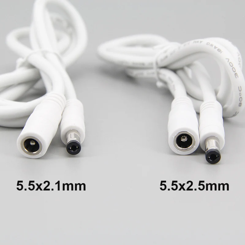 white 1m 18awg 7A DC Male Female Power Supply Connector extension Cable 5.5x2.1mm 5.5x2.5mm Copper Wire For LED Strip light