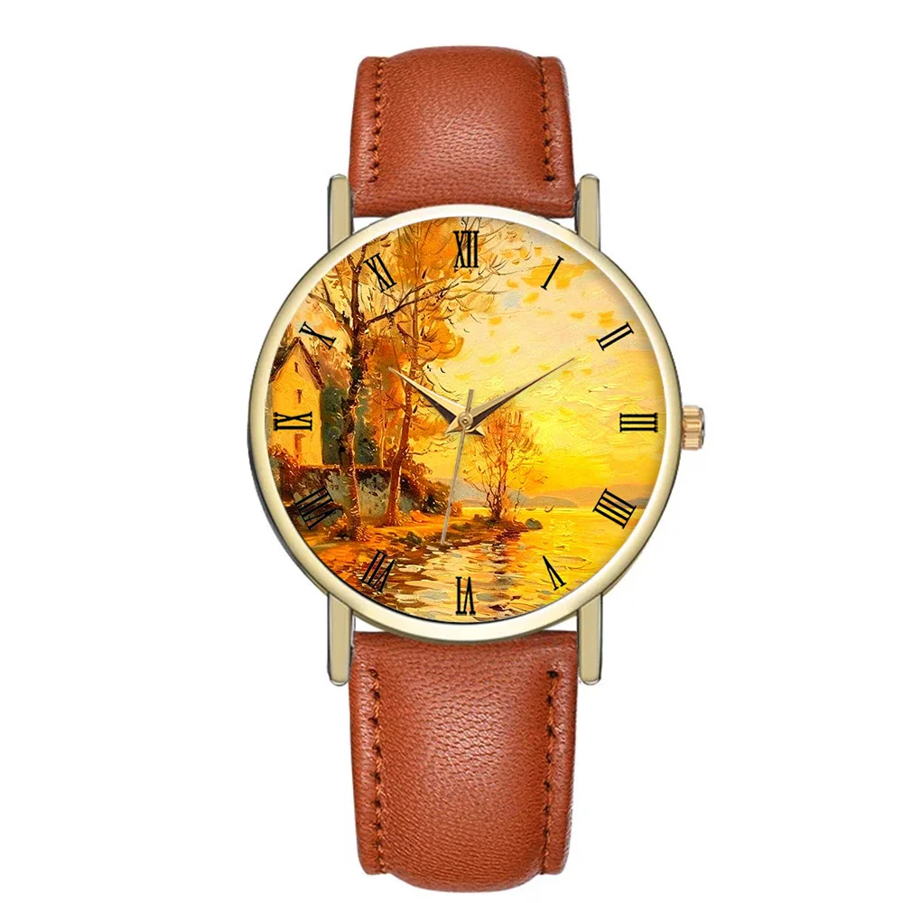 B-9404 Vintage Sunset Landscape Oil Painting Roman Numeral Leather Watch