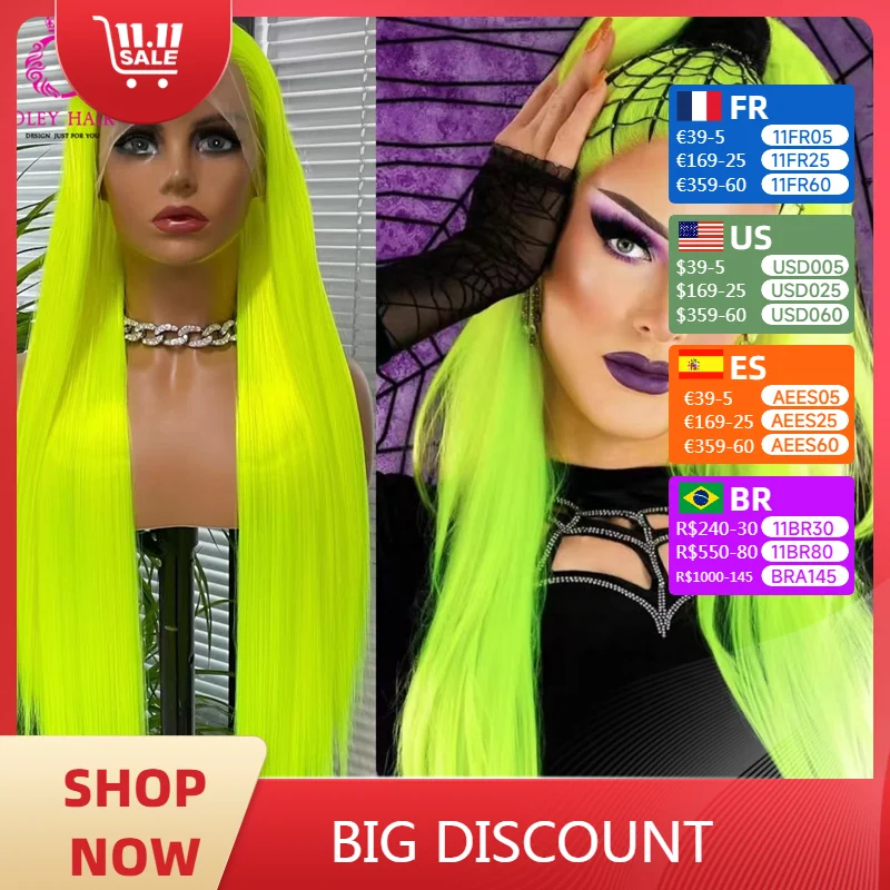 

OLEY Fluorescent Green Straight Synthetic 13x4 Lace Front Wig Glueless Heat Resistant 180 Density Cosplay Wigs For Black Women