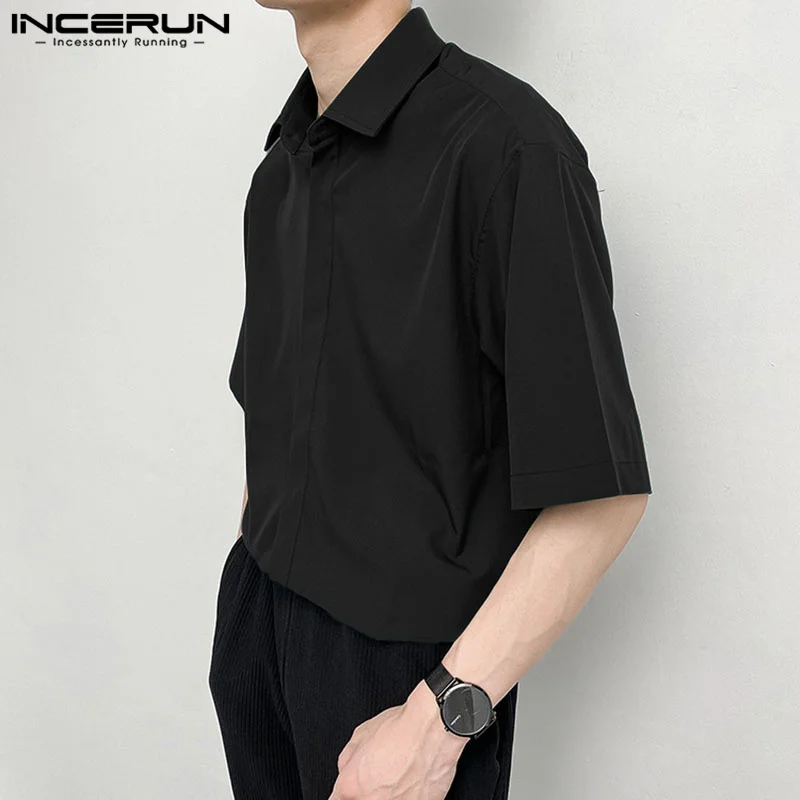 INCERUN Solid Color Men Shirt Lapel Short Sleeve Button Casual Shirts Streetwear Fashion Korean Style Leisure Men Clothing 2023