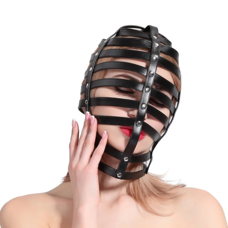 Disfraces góticos de esclavo para hombres y mujeres, casco de cuero ajustable, jaula de tiras Kinky, capucha de Bondage, fetiche, Cosplay, máscara de cabeza de Halloween