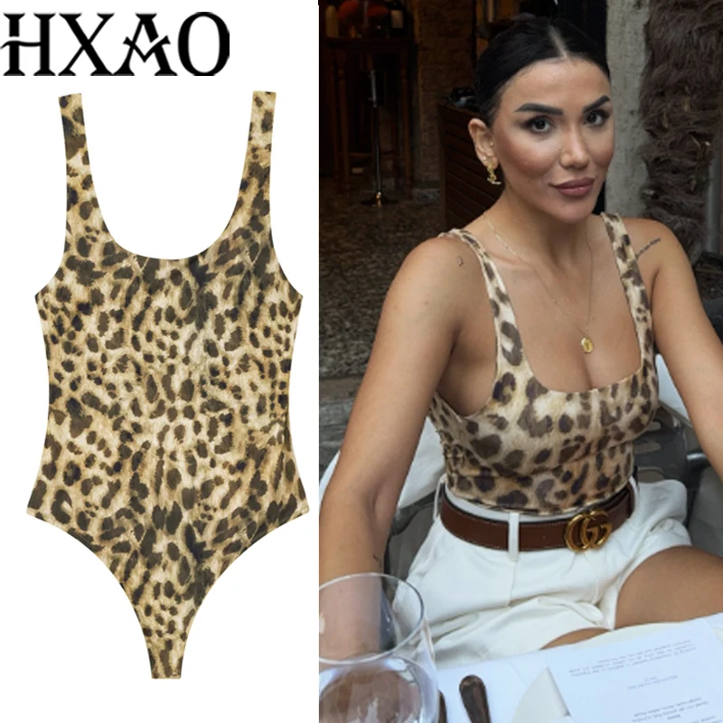 HXAO Female Bodysuit Summer Leopard Print Bodysuit Women Slip Corset One Piece Swimsuits Lingerie Backless Sexy White Brown Body