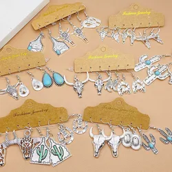 Western Retro Turquoise Bull Head Earrings Cactus Boots Cowboy Hat Alloy Ethnic Style Earrings Set Jewelry for Women