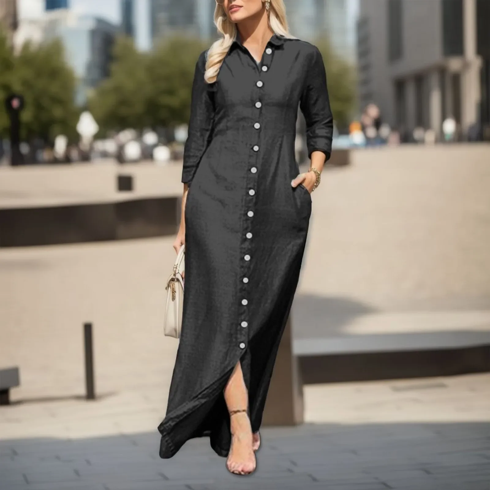 2023 Elegant Ladies Solid Color Dress 2023 Summer New Shirt Collar Button Long Skirt Mom Skirt Dress Women Casual Wear Vestidos