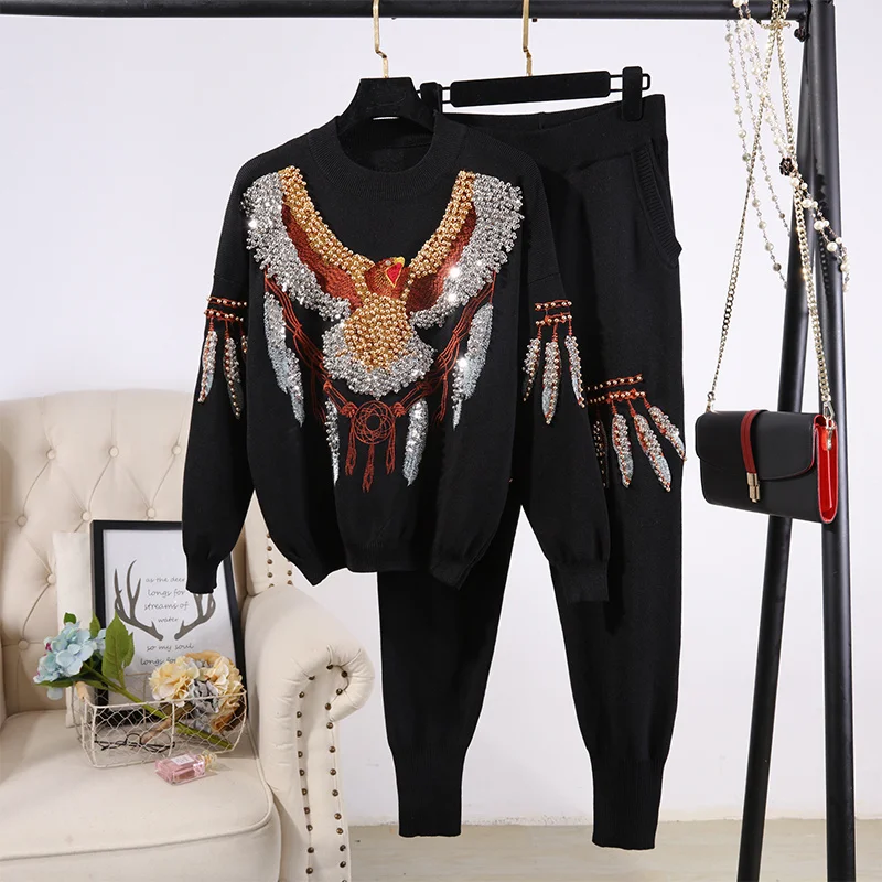 Autumn Fashion Black Knitted Tracksuit Women 2pc Beading Eagle Pullover Sweater Long Pencil Pants Set Loose Knit Outfits Female