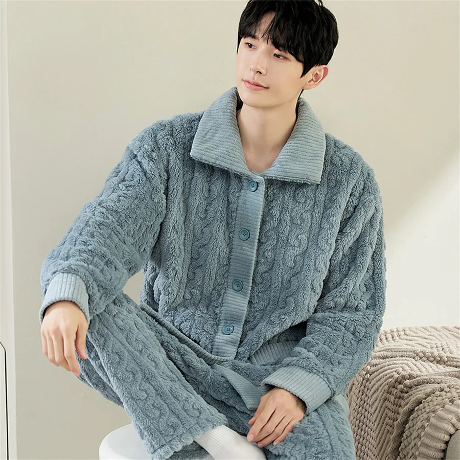 Men Warm Flannel Winter Pajamas Turn-down Collar Long Sleeve Homewear Two-piece Set Loose Comfortable Thick Sleepwear Nightwear