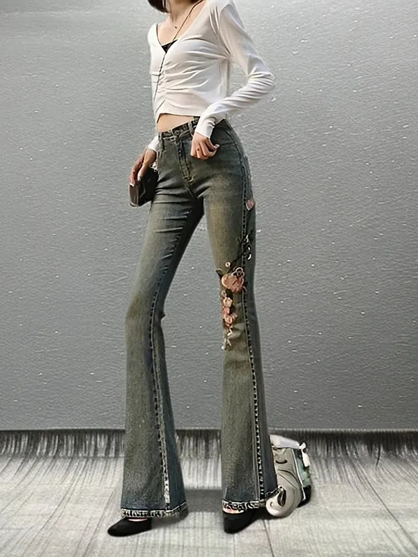 

Spring 2026 Women's High Waist Bell Bot Denim Jeans Elastic Casual Waed Outfit Slimming Micro Flare Pants Deep Color
