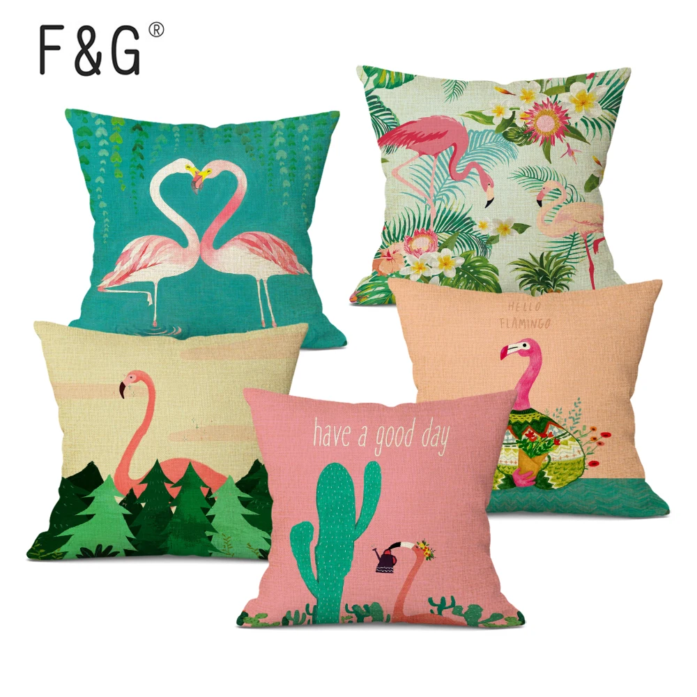 Tropical Animal Cushion Cover Flamingo Printed Cotton Linen Throw Pillows Art Decoration Family Cojines Decorativos Para Sofa