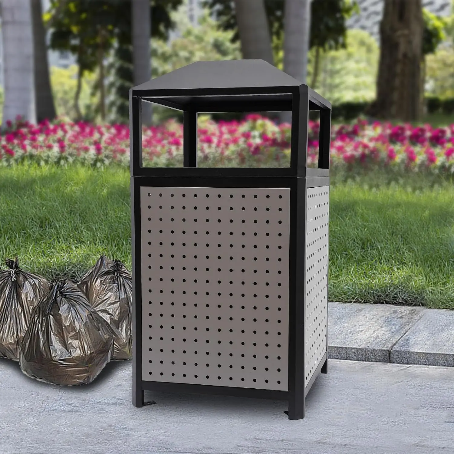 Commercial Waste Container Trash Can for Outdoor, Rectangular Trash Can with Ashtray, Stainless Steel Garbage Bin (38 gal with A