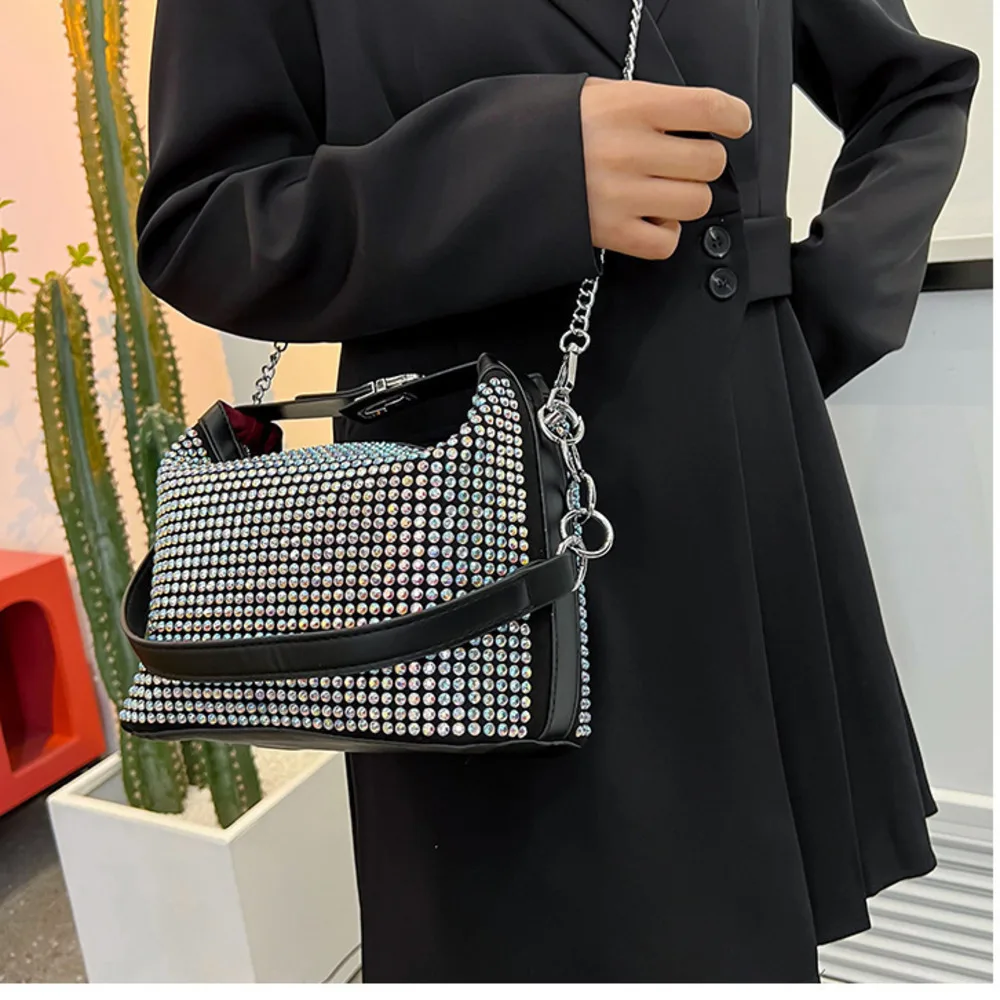 Fashion able diamond studded bag for women 2024 New foreign style texture flash chain single shoulder crossbody luxury  designer