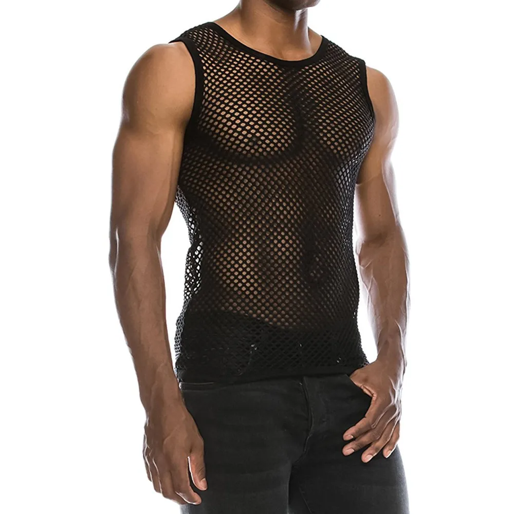 Mens Sexy Tank Top Transparent Mesh Undershirt Fishnet Vest String Sleeveless Shirts Male See Through Night Clubwear Slim Sport