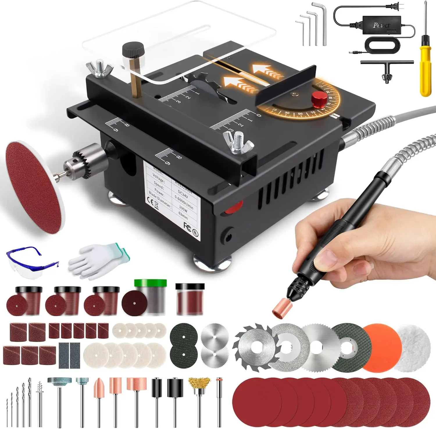 

Mini Table Saw, Mini Multi-Functional Table Saw for Crafts, Speed & Angle Adjustable, Cutting | Sanding | Engraving