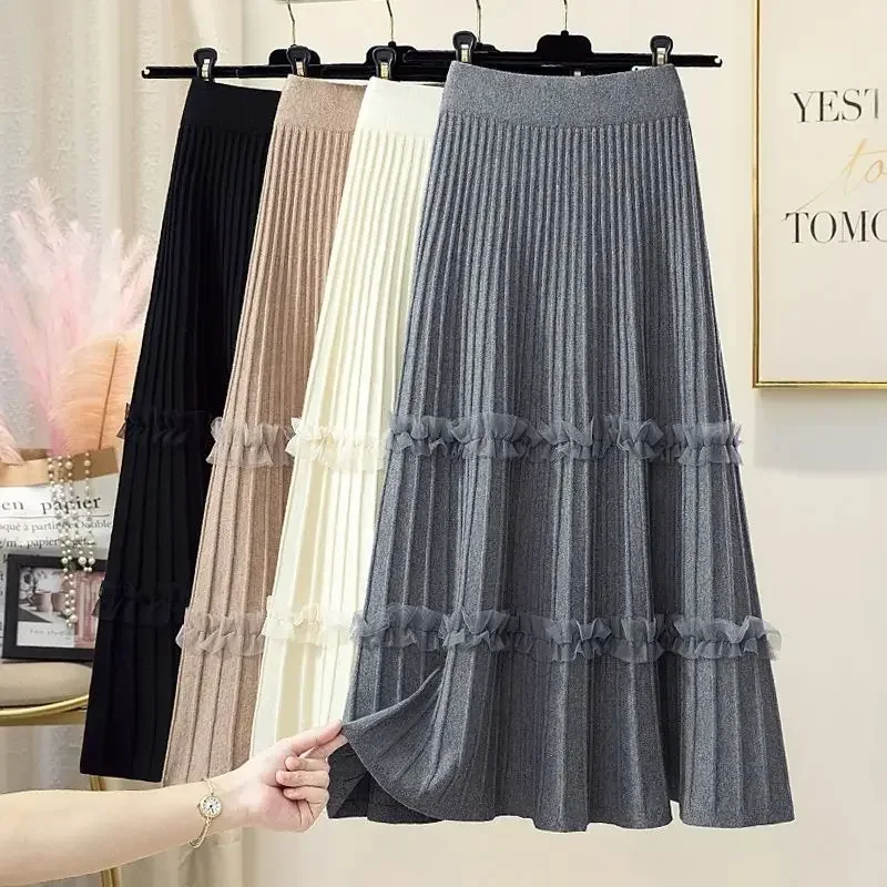 Pleated Skirt Women's Autumn Winter High Waist Mid-length Knitted Mesh Long Skirts Korean Dongdaemun Quality Clothing Traf 2024