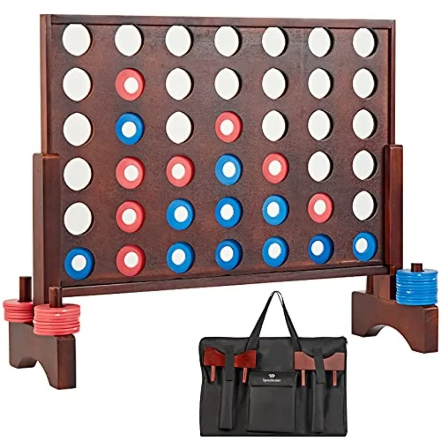 

Giant Wooden 4 in A Row Game for Indoor and Outdoor Use - Natural Wood, Brown, Durable with 42 Disks and Carrying Bag