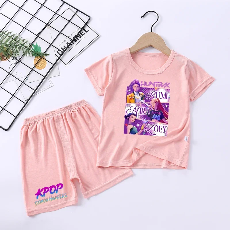 Kpop demon hunters criança pijamas conjunto meninos meninas anime impressão manga curta terno de duas peças dos desenhos animados verão casual homewear crianças presente