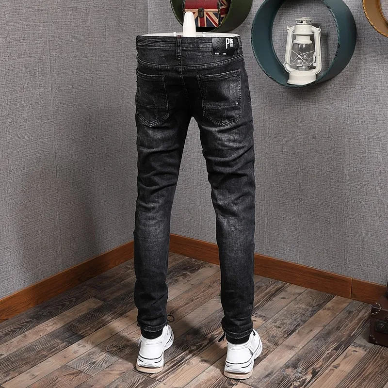 Fashion Vintage Men Jeans Retro Washed Black Gray Elastic Slim Fit Ripped Jeans Men Korean Style Designer Denim Pants Hombre