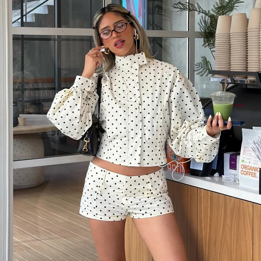 

Tuularose женский костюм с шортами, модная куртка в горошек, топ, облегающий брючный комплект, женский костюм с шортами в стиле ретро с высокой талией