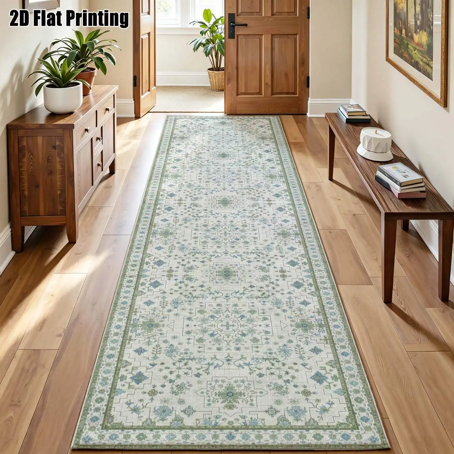 1Pc 2D Printed Long Strip Rug: Blue-Green Geometric Nordic/Instagram/Modern Minimalist/Vintage Striped Design, Machine Washable, Multi-Size, Ideal for Home Decor in Entryway, Hallway, Living Room, Bedroom