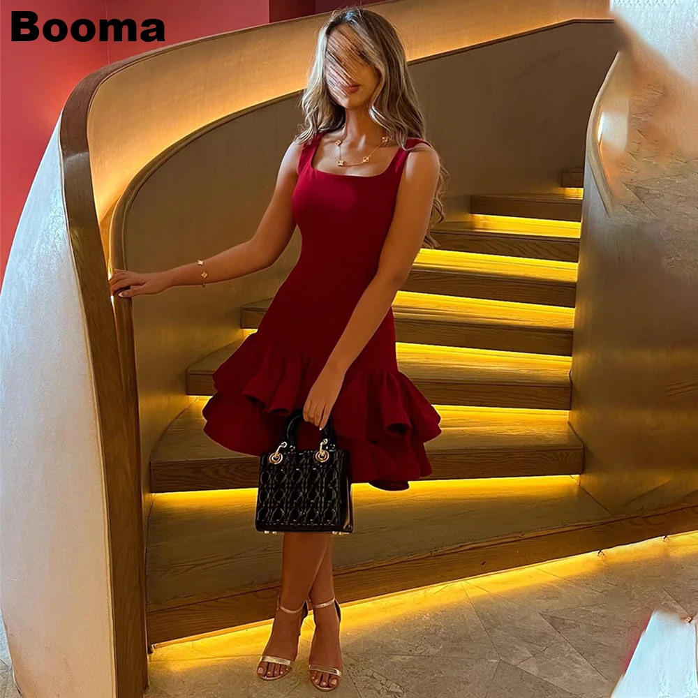 Booma Red A-Line Short Prom Dresses Square Collar Sleeveless Tiered Satin Women\'s Evening Dress Saudi Arabic Party Gowns Outfits