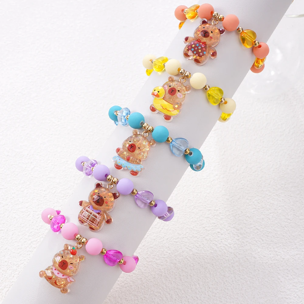 5 unids/set de pulseras de cuentas de pintura de goma con dije de capibara colorido de dibujos animados bonitos para niñas el mejor regalo de fiesta
