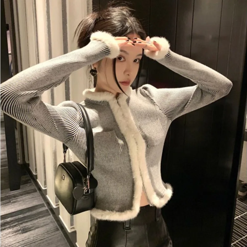 Half High Neck Zip Long Sleeve Cardigan Women 2023 Spring Autumn New Fashion Slim Fit Short Outerwear Elegant Grey Coat Female