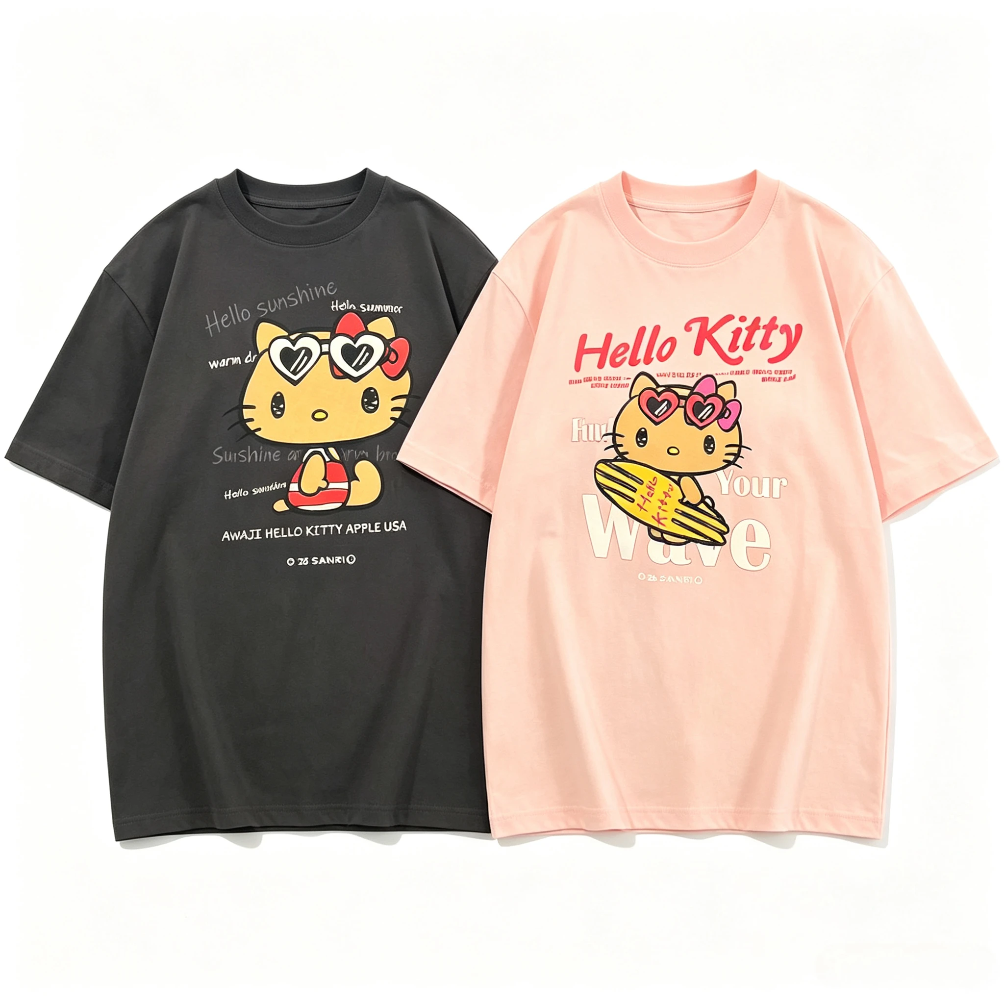 Hello Kitty T Shirt Sanrio Kawaii Surfing Beach Graphic Print Short Sleeve Crew Neck Women Dark Grey Pink 2 Colors Oversized
