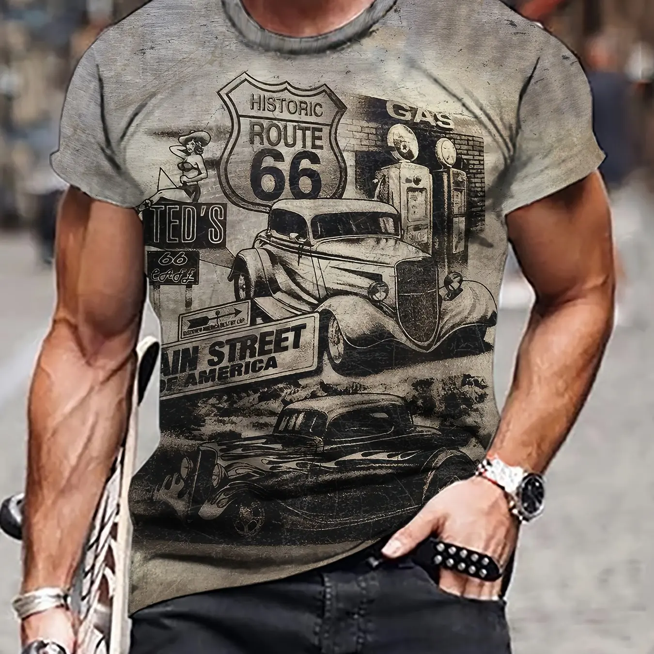 Vintage Car Graphics Printed Crew Collar T Short Sleeves Comfortable Outdoor Men's Clothing Essential for Summer Fashion