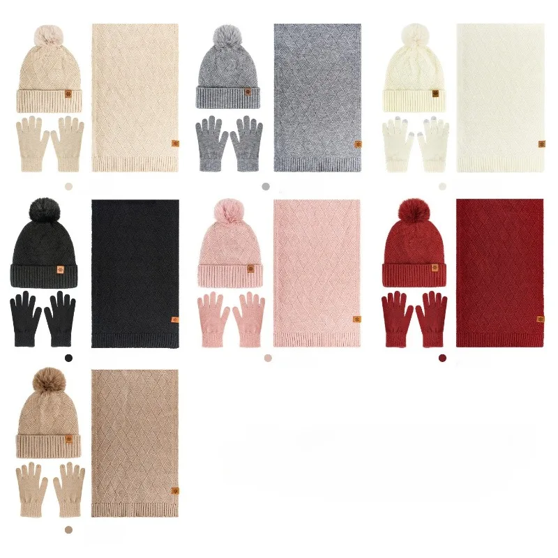 مجموعة الخريف والشتاء المكونة من ثلاث قطع: قبعة نسائية محبوكة ووشاح وقفازات، قبعة متماسكة دافئة مبطنة بالصوف بطبقة مزدوجة #4