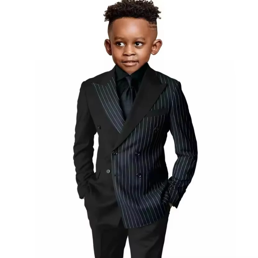 Double Breasted Boys Suits Black Striped Blazer Party For Kids Splicing Slim Suit 2-piece Child Wedding Tuxedo With Pant
