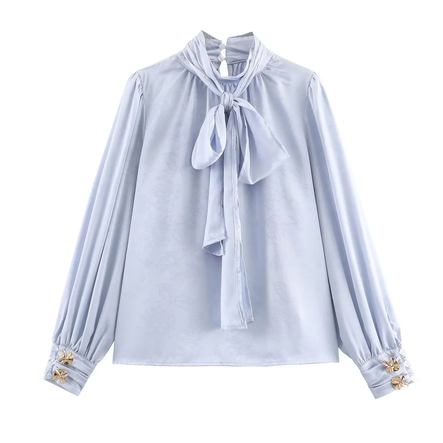 

European and American 2025 new autumn style bow-trimmed silk satin shirts for women with a high-end feel
