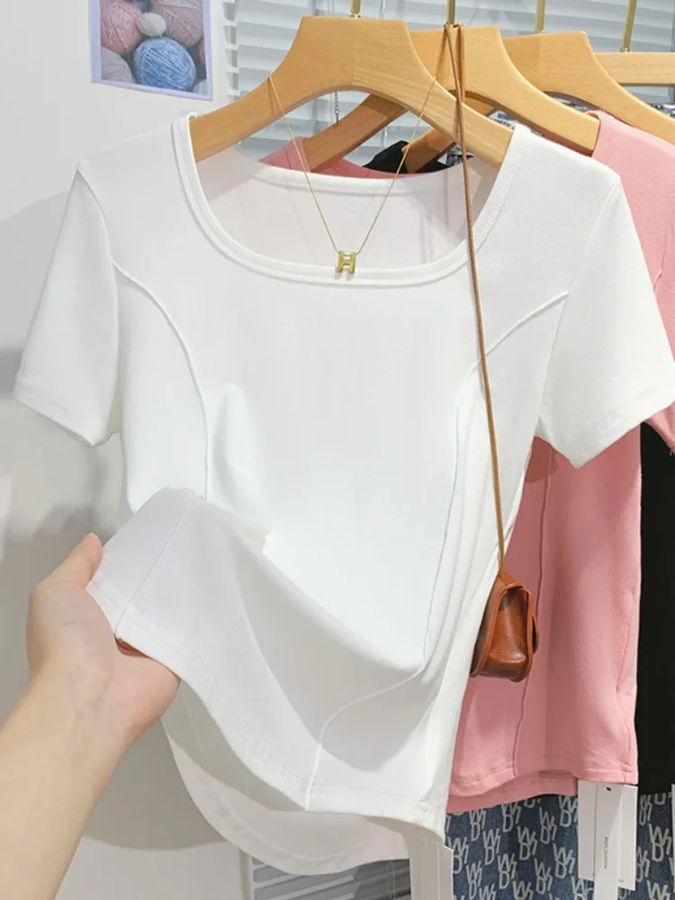 

Лето 2023, женская облегающая футболка ort Sve из чистого хлопка с квадратным воротником, белый топ, корейский Sle Commute Faion, чистый цвет