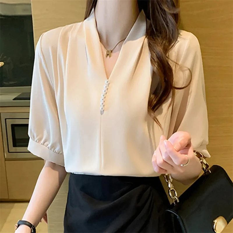 New Fashion Beading Blouse Women Short Sleeve Top V-neck Chiffon Shirt Femme Clothing Office Lady 2023 Casual Blouses Clothes