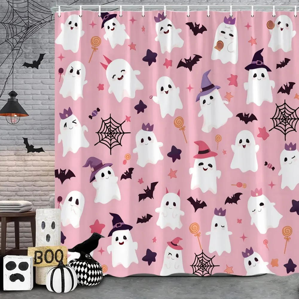 Pink Cute Halloween Shower Curtain Ghost Pumpkin Bat Skull Polyester Fabric Kids Shower Curtain Girls Bathroom Decor Strap Hooks