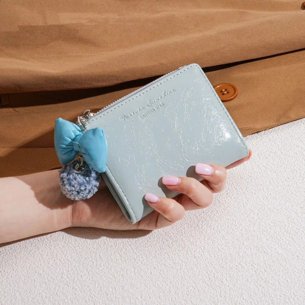 

Portable Korean Style Women Short Wallet Bow Pendant Short Clutch Card Bag Zipper Multi Slot PU Leather Card Holder Travel