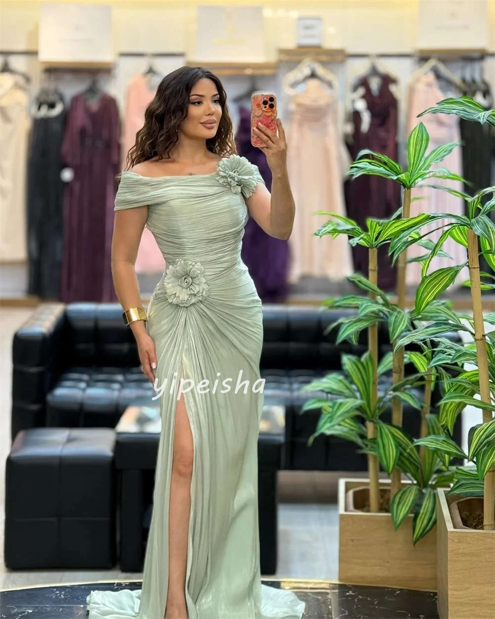 Customized Modern Style Matching Chiffon Handmade Flower Ruched Straight Off-the-shoulder Long Dresses Bespoke Occasion Dresses