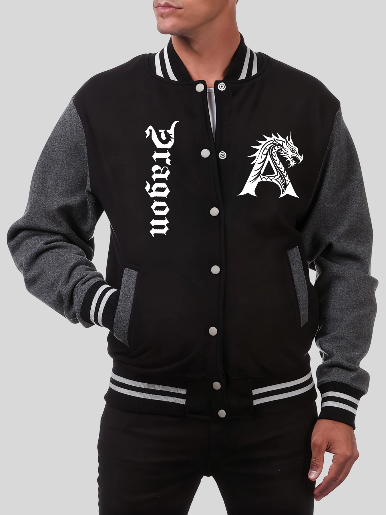 

Mysterious Dragon And Letter A Printed Men Baseball Uniform Oversize Casual Jackets Fleece Clothing Autumn Fashion Streetwear