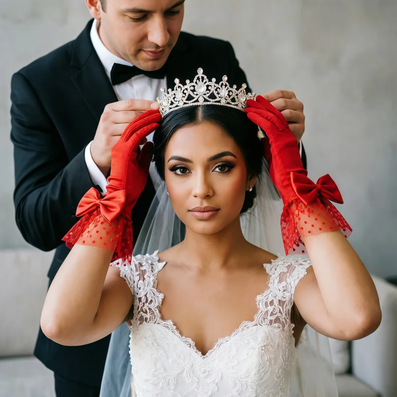 1 Pair Elegant Short Gloves with Lace Bow Design, for Wedding Dinner Party