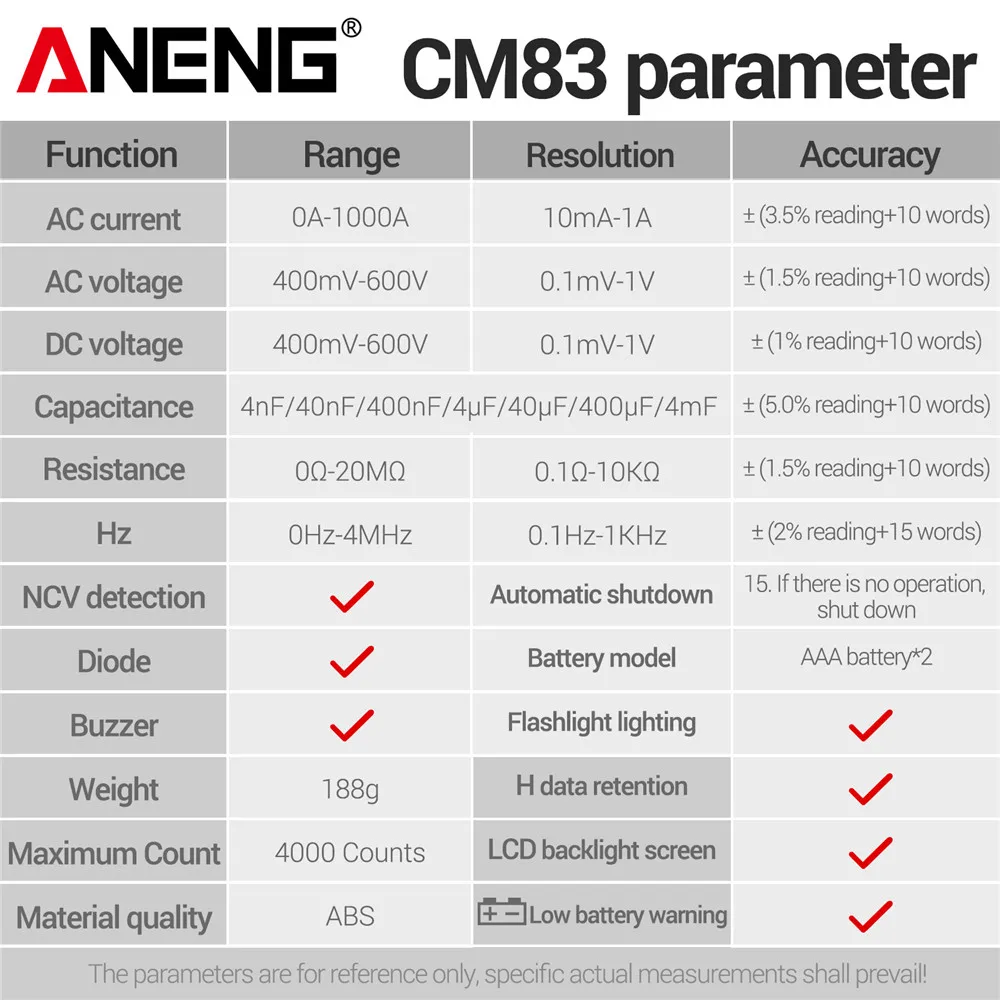 ANENG CM83 Digital Clamp Meter 1000A AC Current Capacitance 4000 Count Multimeter DC/AC Voltmeter NCV Sense Ohmmeter Tester Tool