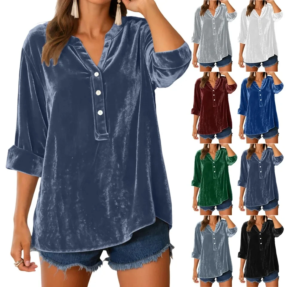 

Vintage Velvet Shirt Women's Elegant Chic V Neck Long Sleeve Blouse Solid Color Casual Blusas Tops All Match Female Shirts