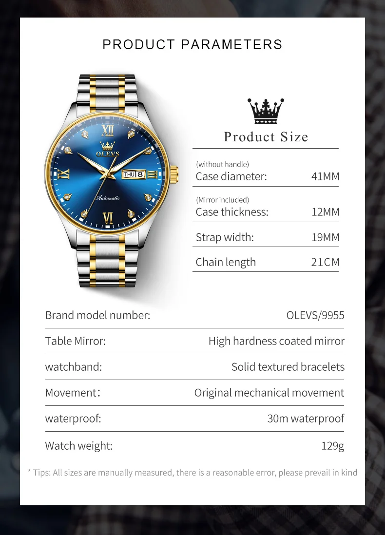 OLEVS 9955 Luxury Watch Men Stainless Steel Waterproof Luminous Dual Calendar Simple Business Automatic Mechanical Watch for Men