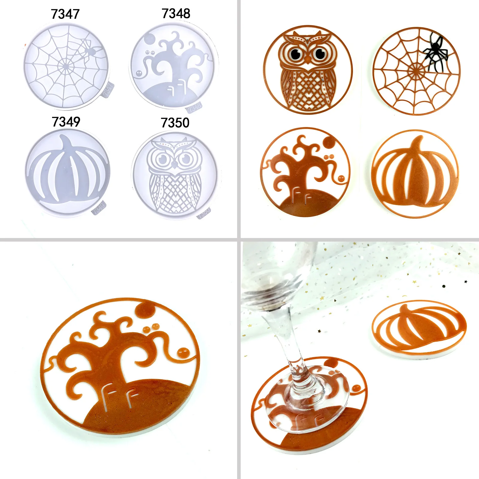 Halloween Coaster Silicone Mold DIY Spider Pumpkin Coaster Owl Round Cup Pad Table Ornament Molds Handmade Resin Casting Craft