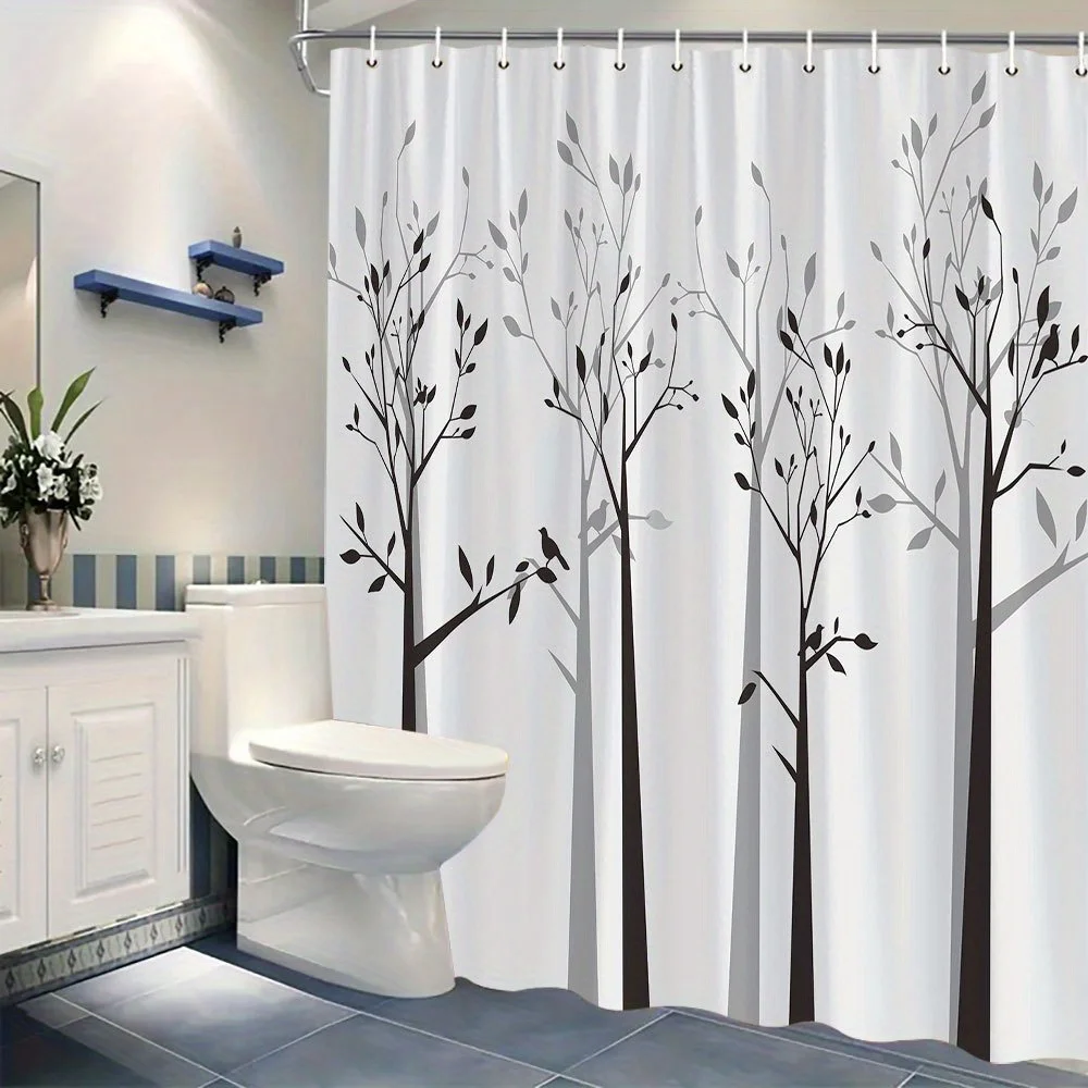 

1 шт. занавеска для душа с редкими безлистными деревьями и птицами, полиэфирная ткань, которую можно стирать в машине, подходит для украшения ванной комнаты