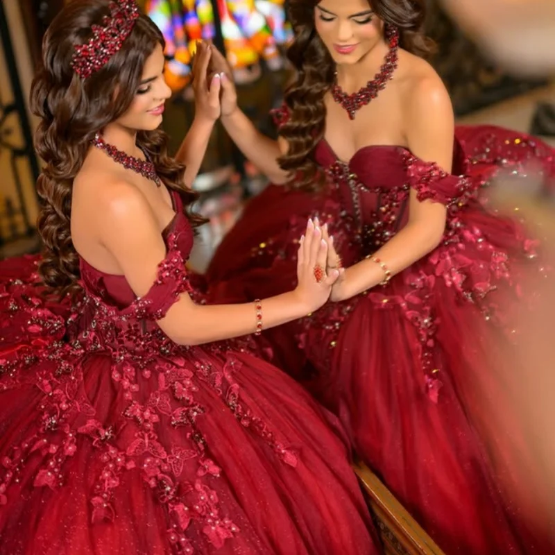 

Customized Red Quinceanera Dresses Off the Shoulder sequin appliqu Long tail 3D flower Tull Vestido 15 Quinceanera
